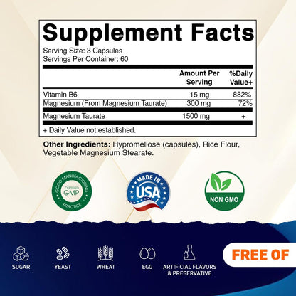Vitamatic Magnesium Taurate 1500 mg – 180 Veg Capsules | Supports Muscle & Heart Health