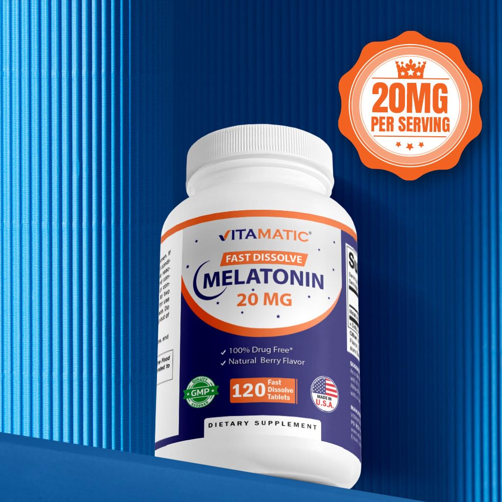 Vitamatic Melatonin 20 mg Tablets | Vegetarian, Non-GMO, Gluten Free | High Potency 20 mg | Natural Berry Flavor 120 Tablets