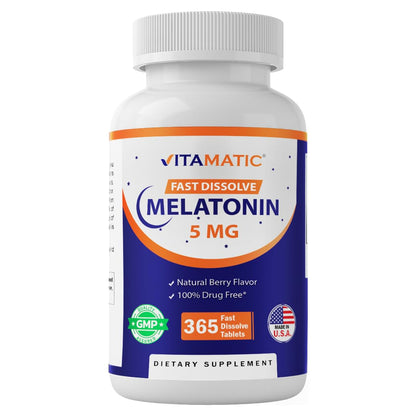 Vitamatic Melatonin 5 mg Tablets - Vegetarian, Non-GMO, Gluten Free | 365 Tablets