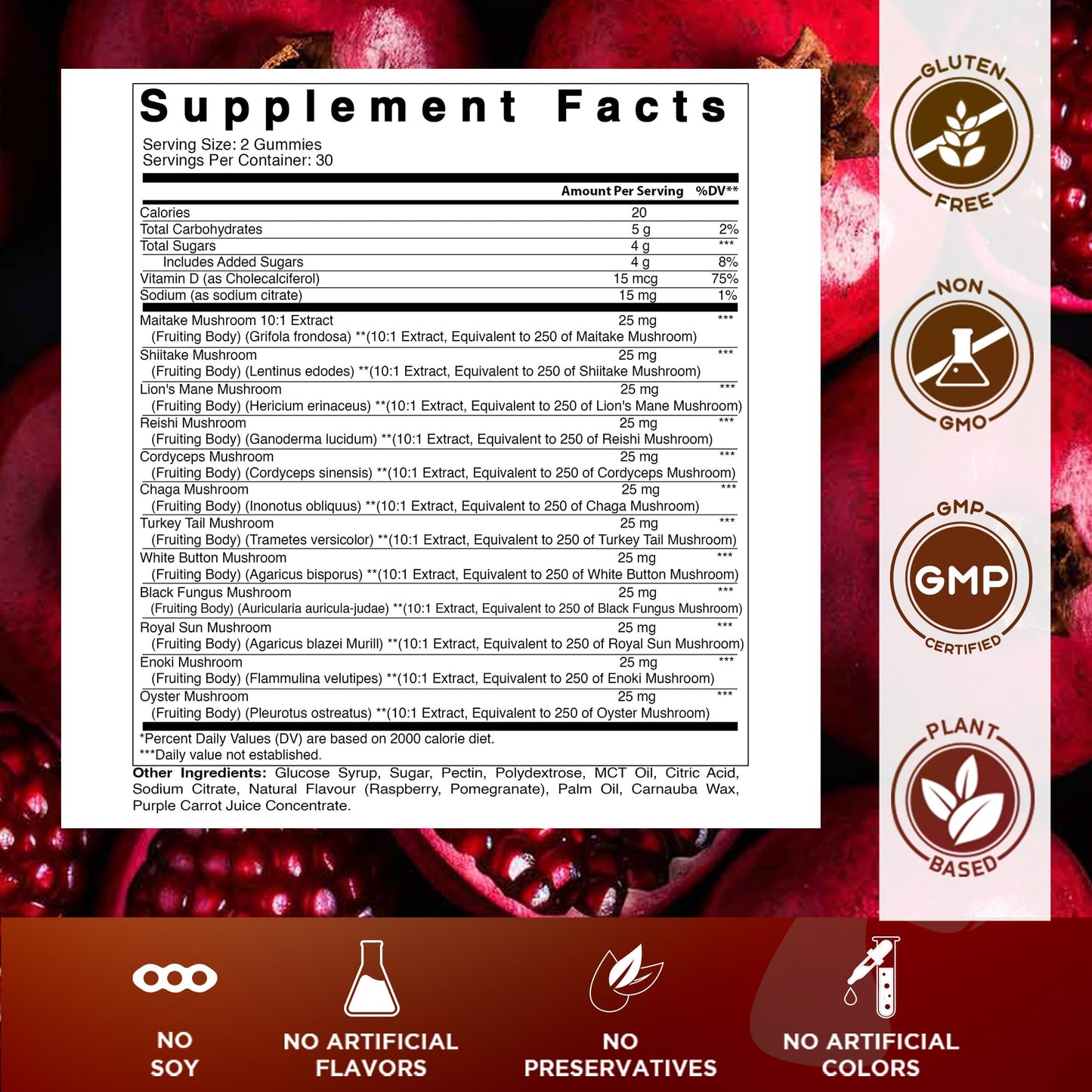 Vitamatic Mushroom Complex with D3 - 60 Pectin Gummies | 12-Mushroom Blend + 600 IU D3