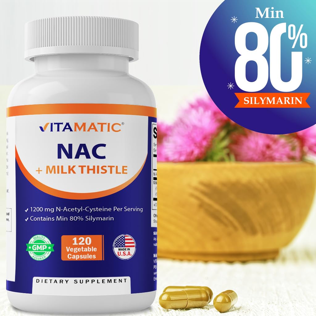 Vitamatic NAC Supplement with Milk Thistle 50:1 Extract - 1200 mg NAC per Serving, 120 Veg Capsules