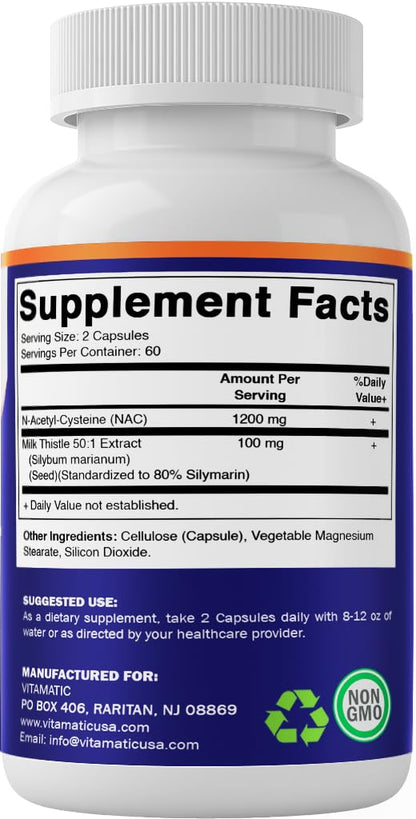 Vitamatic NAC Supplement with Milk Thistle 50:1 Extract - 1200 mg NAC per Serving, 120 Veg Capsules