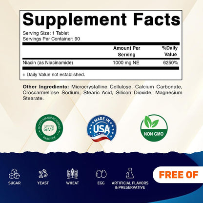 Vitamatic Niacinamide 1000 mg - 90 Tablets | Flush-Free Vitamin B3 for Energy Production