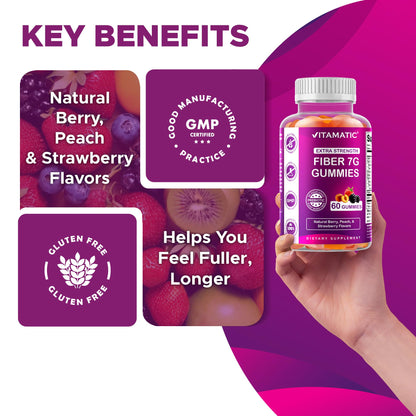 Vitamatic Prebiotic Fiber Gummies – 7g Fiber per Serving, 60 Pectin-Based, Vegan & Gluten-Free
