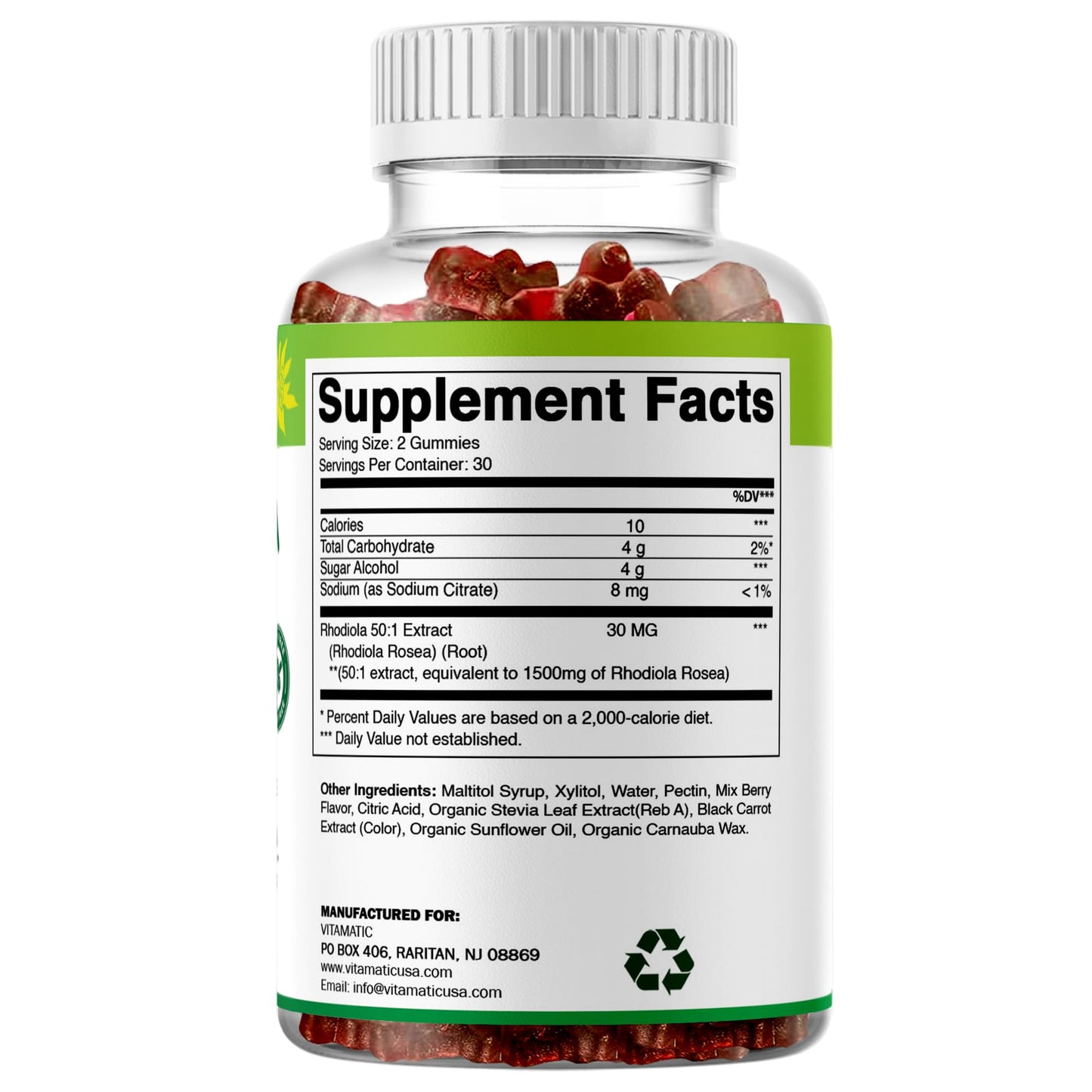 Vitamatic Sugar Free Rhodiola Rosea Gummies 1500 mg per Serving – 60 Gummies – Mixed Berry – Adaptogen Supplement – Made in USA