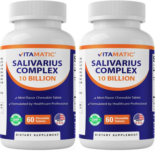 Vitamatic Salivarius Complex - 10 Billion Chewable Mint Probiotics + Prebiotics, 60 Count (Pack of 2)
