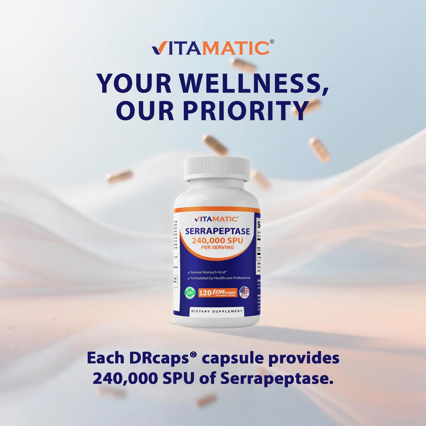 Vitamatic Serrapeptase 240,000 SPU | 120-Count Delayed-Release Enteric-Coated Capsules | Non-GMO, Made in USA