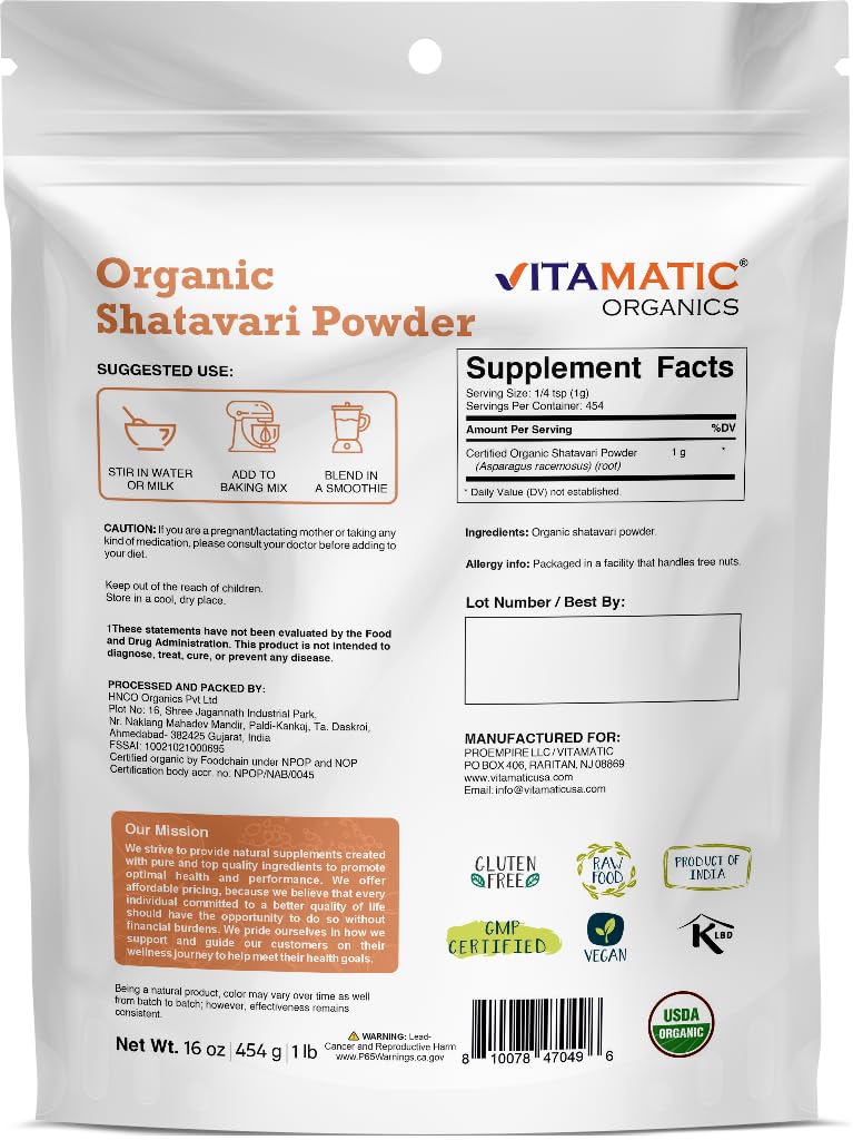 Vitamatic USDA Organic Shatavari Powder – 1 lb for Women's Health & Hormonal Balance