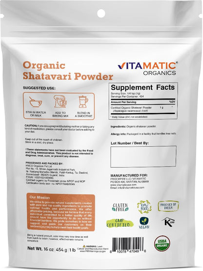 Vitamatic USDA Organic Shatavari Powder – 1 lb for Women's Health & Hormonal Balance