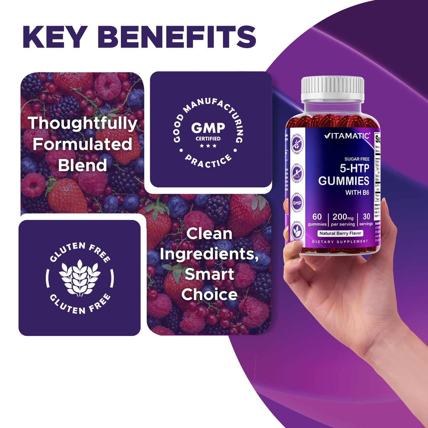 Vitamatic Sugar Free 5-HTP 200mg Gummies with B6 – 60 Pectin-Based Vegan Gummies