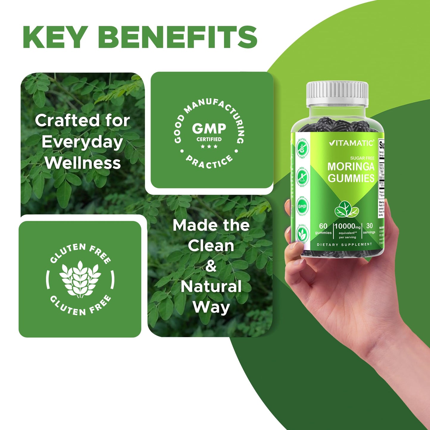 Vitamatic Sugar Free Moringa Gummies – 10,000 mg per Serving (50:1 Extract) | 60 Vegan Gummies | No Sugar Added