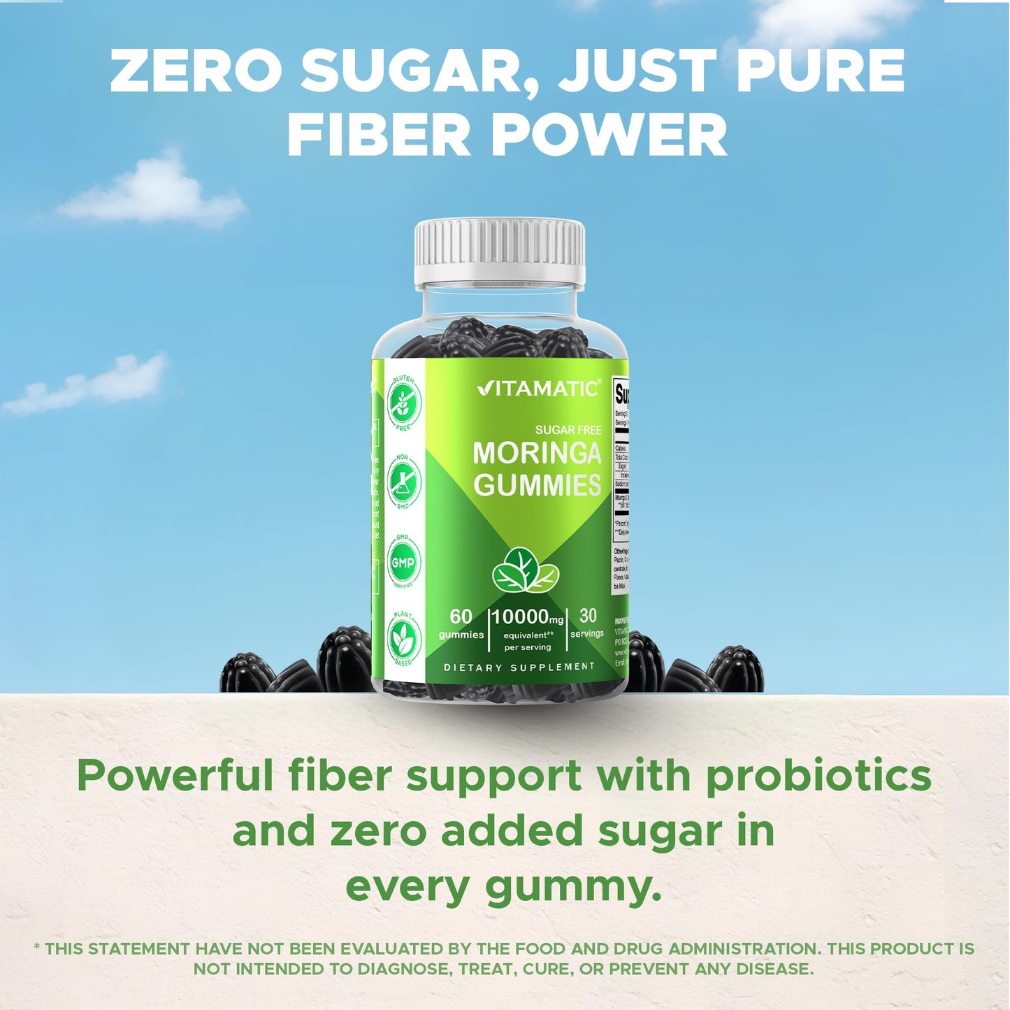 Vitamatic Sugar Free Moringa Gummies – 10,000 mg per Serving (50:1 Extract) | 60 Vegan Gummies | No Sugar Added