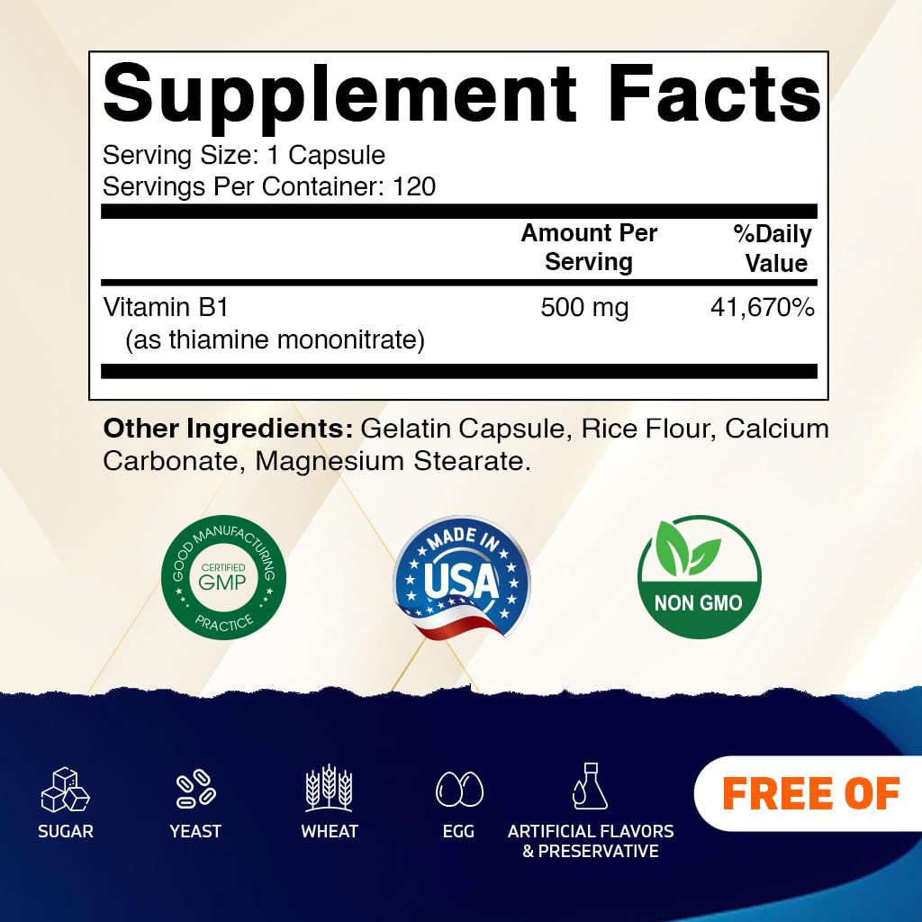 Vitamatic Vitamin B1 (Thiamine) 500mg – 120 Capsules | Non-GMO, Gluten Free
