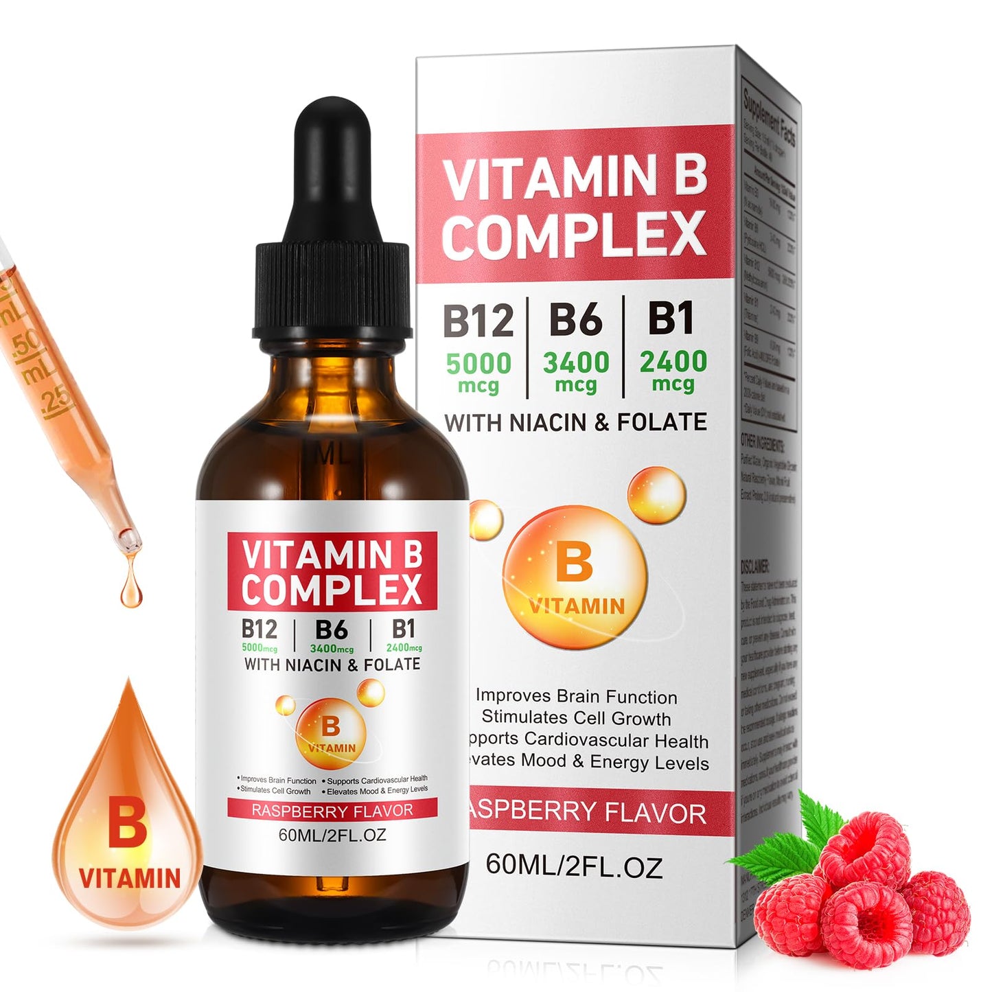 Vitamin B Complex Liquid Drops – Vegan B12 (Methylcobalamin) with B1, B3, B6, B9 and Niacin – 40 Servings