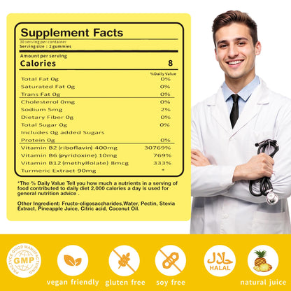 Vitamin B2 Gummies Riboflavin 400mg – Vegan Pineapple Turmeric B Complex (60 Count)