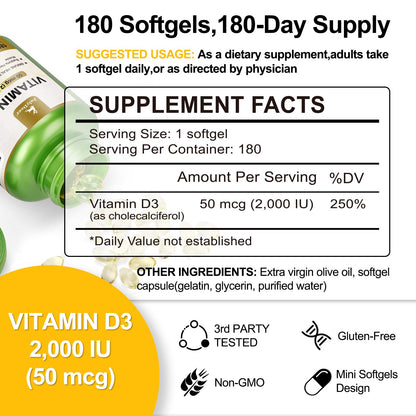 Vitamin D3 2000 IU (50 mcg) 360 Softgels – Immune & Bone Health | Non-GMO, Gluten-Free