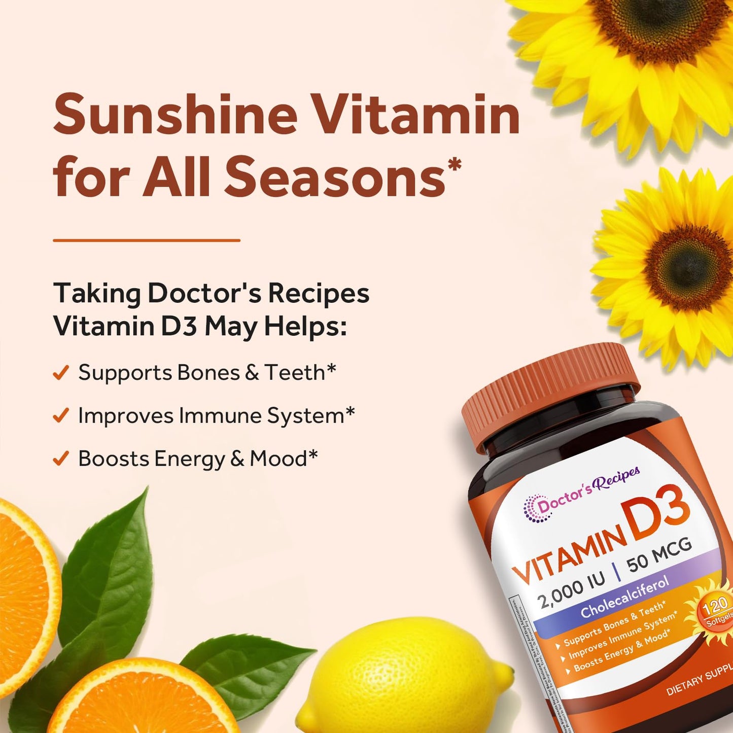 Doctor's Recipes Vitamin D3 2000 IU – 120 Softgels, Non-GMO