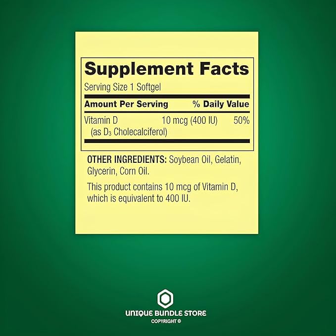 Vitamin D3 400 IU Softgels – 200 Count (10 mcg) Dietary Supplement