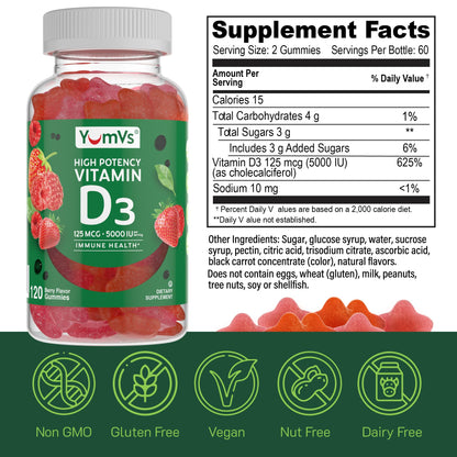 Vitamin D3 Gummies 5000 IU (125 mcg) – Immune & Bone Health | Non-GMO, Gluten-Free, Dairy-Free
