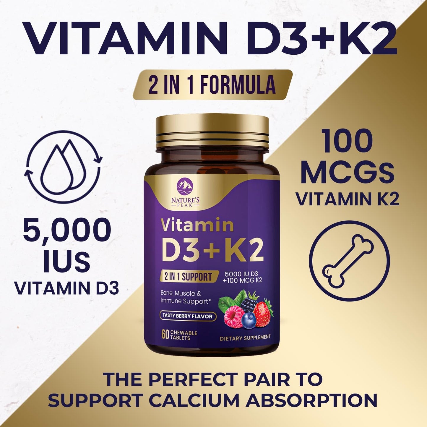 Vitamin D3 K2 5000 IU – Berry Chewables 60 Tablets | Immune, Bone & Heart Health | Gluten Free, Non-GMO, USA Bottled