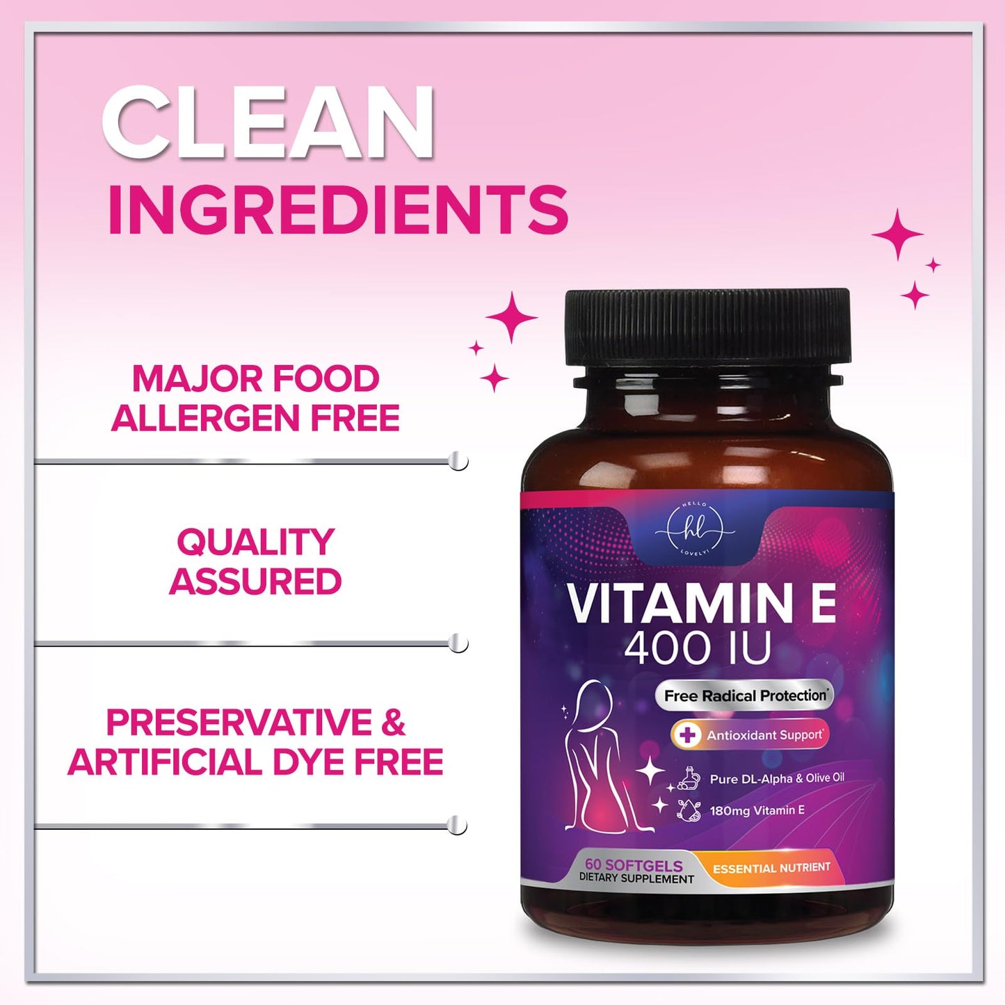 Vitamin E 400 IU (180 mg) – Hair & Skin Support, Immune Health – Non-GMO, Gluten Free | 60 Softgels