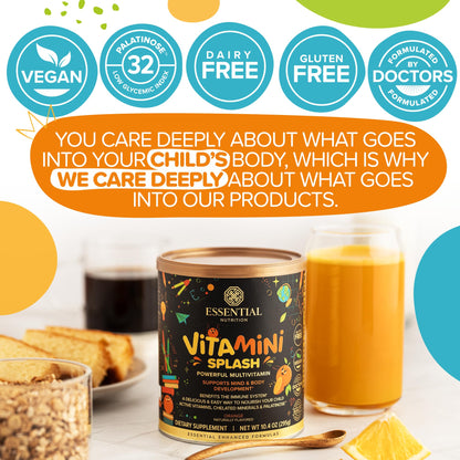 Essential Nutrition Vitamini Splash - Kids Multivitamin Powder (10.4 oz) - 13 Active Vitamins & 6 Chelated Minerals - Vegan
