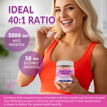 Myo-Inositol & D-Chiro Inositol Gummies for Hormone Balance – Sugar Free, 40:1 Ratio, Vegan, Ovarian Health (60 Cts)