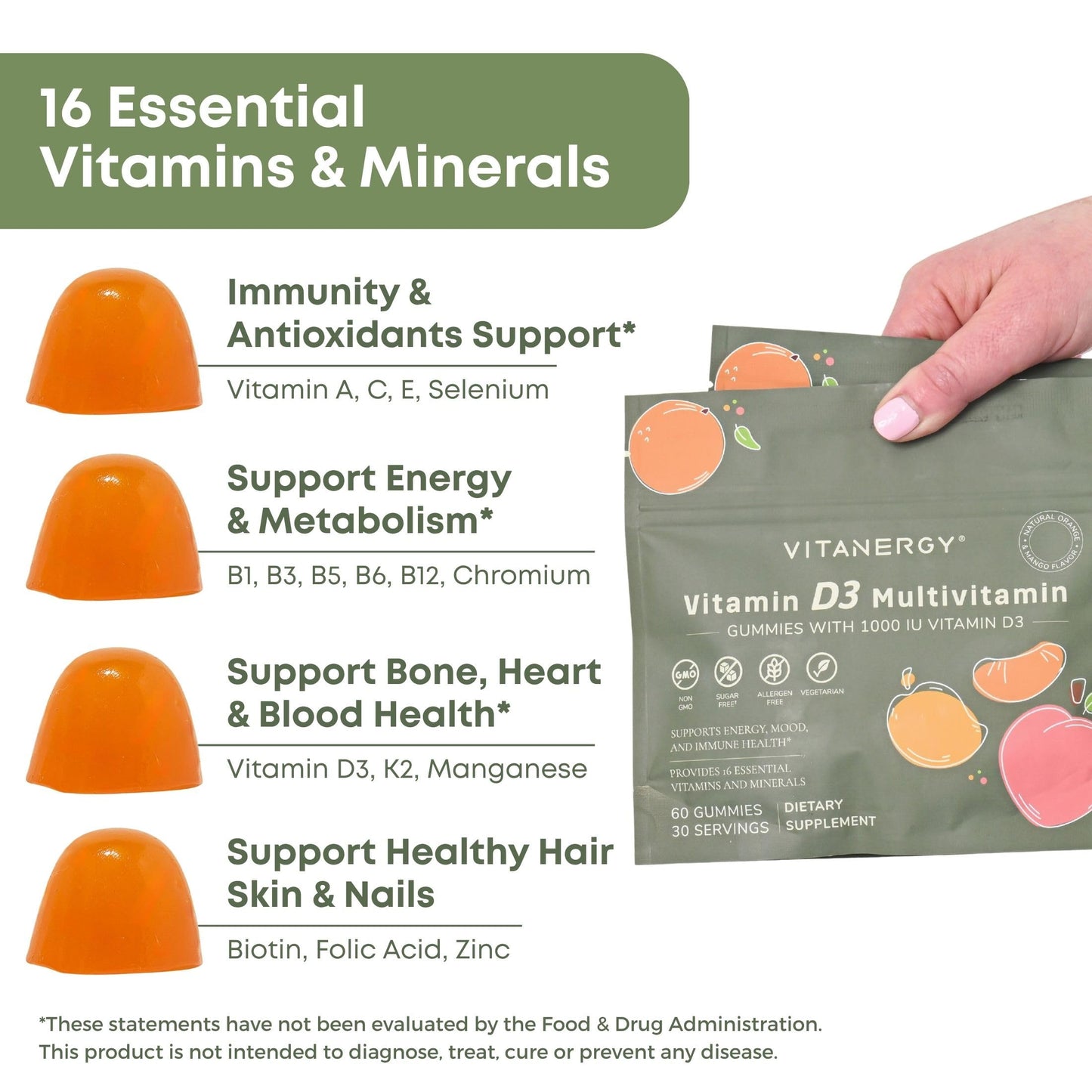 Vitanergy Women’s Multivitamin Gummies – D3 & K2, 60 Ct