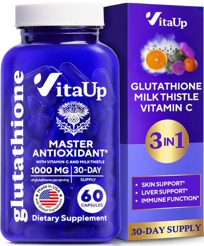 VitaUp Reduced Glutathione 1000mg Capsules – USA Made, Vitamin C & Milk Thistle (60 Count)