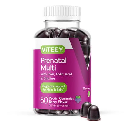Viteey Prenatal Gummies for Women – Iron, Folic Acid, Choline | 60 Count