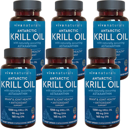 Viva Naturals Antarctic Krill Oil 1250 mg – Omega-3 EPA/DHA + Astaxanthin, Caplique, No Fishy Aftertaste (Pack of 6)