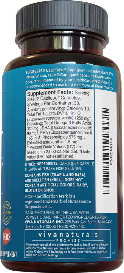 Viva Naturals Antarctic Krill Oil 1250 mg – Omega-3 EPA/DHA + Astaxanthin, Caplique, No Fishy Aftertaste (Pack of 6)