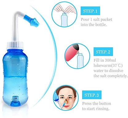 Waterpulse Neti Pot & Nasal Rinse Bottle — 300ml, 30 Salt Packets, Thermometer Sticker (Blue)