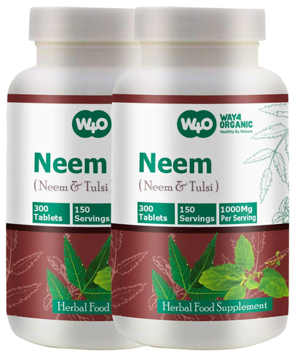 WAY 4 Organic W4O Neem Tulsi Tablets – 300 Pills, 150 Servings, 1000 mg, Equal Neem & Tulsi (Pack of 2)
