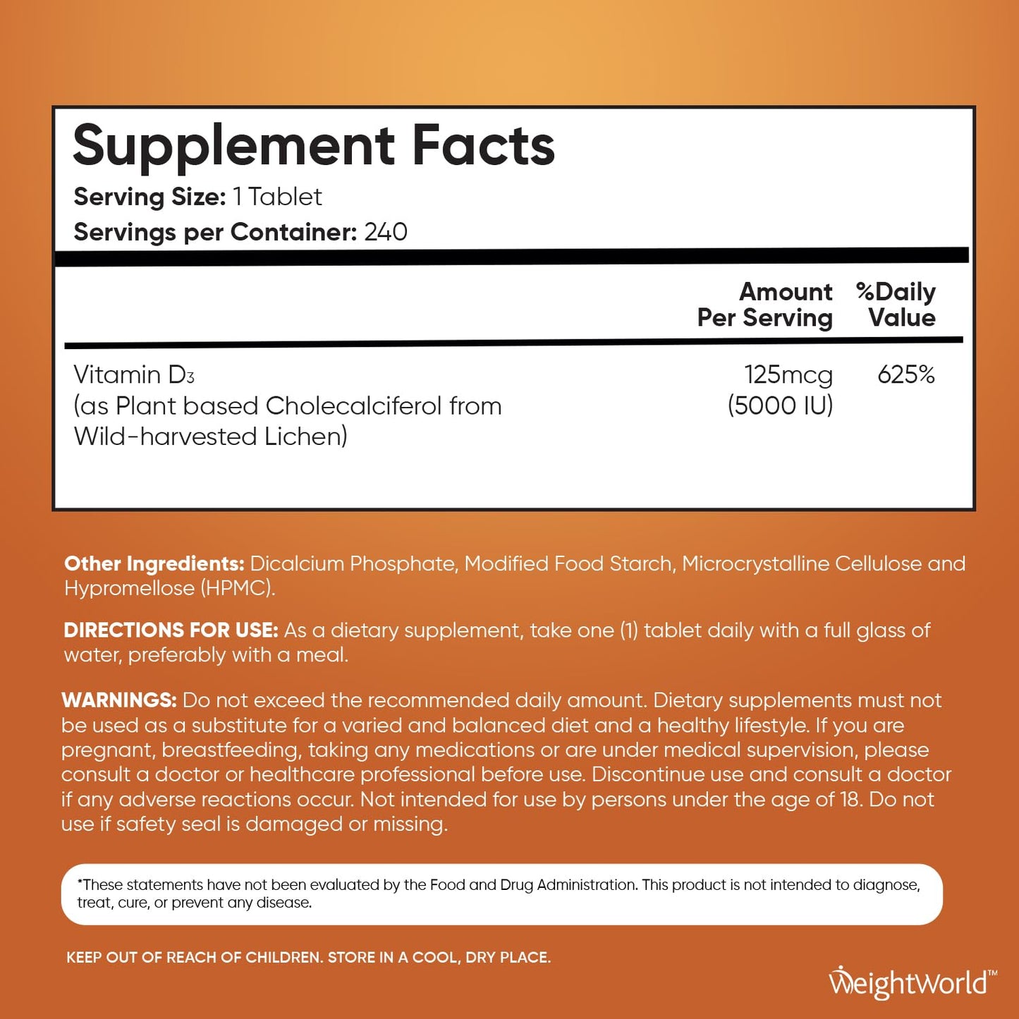 WeightWorld Vegan Vitamin D3 5000 IU – Wild-Harvested Lichen D3, 240 Tablets, Gluten & Allergen Free