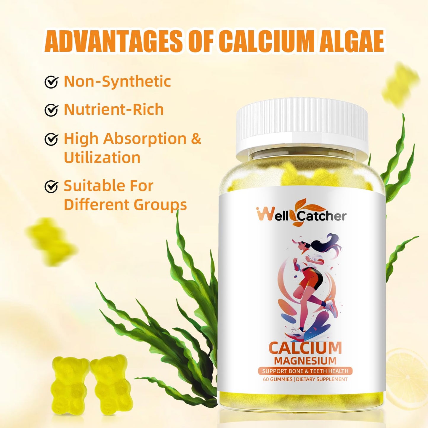 Wellcatcher Calcium Magnesium Gummies (60ct) – Sugar Free Vegan Algae Calcium for Adults & Kids | Bone Support with Vitamin D3, K2, Zinc