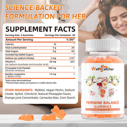 Wellcatcher Premium Feminine Balance Gummies for Women | Pineapple Probiotic & pH Support (60 Count)