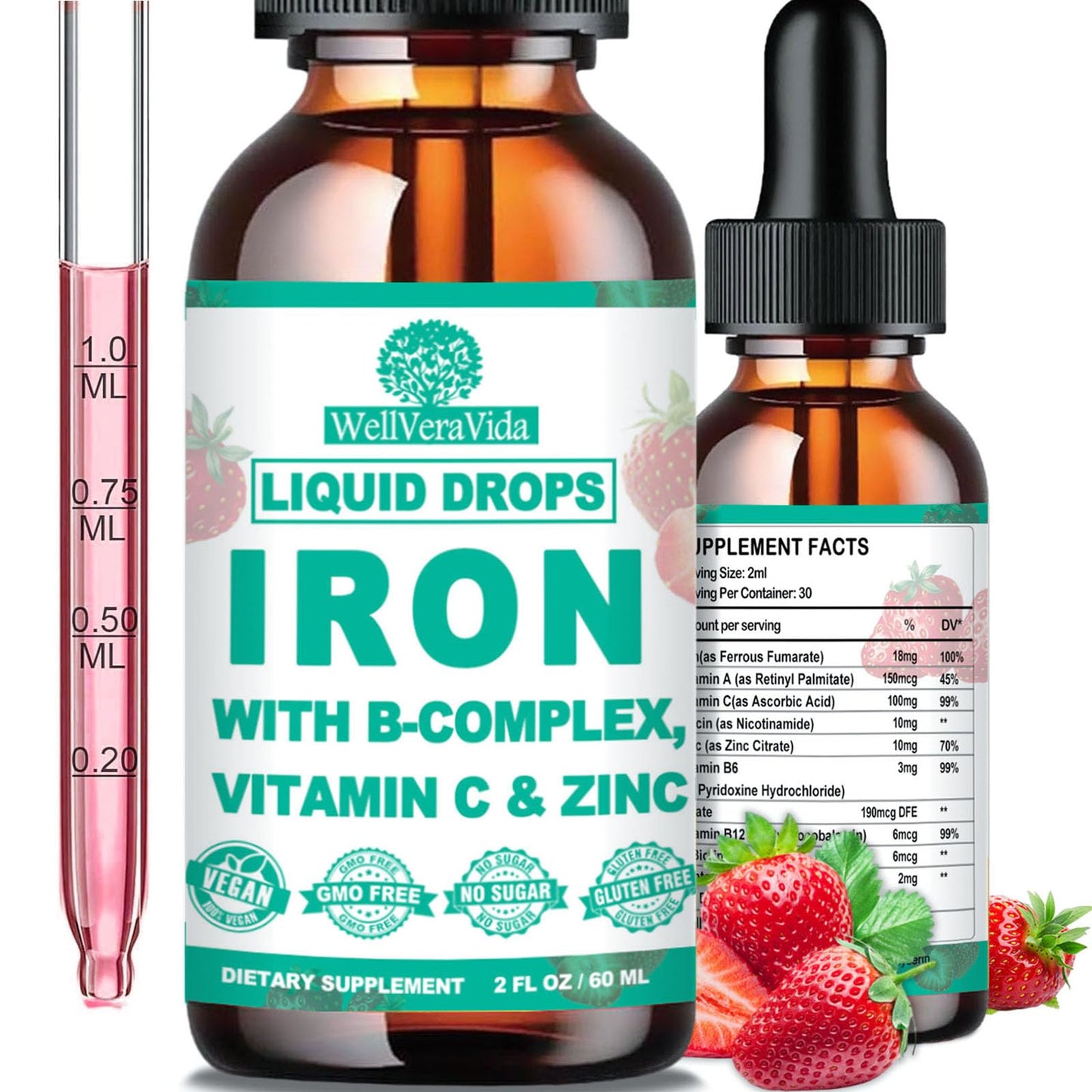 WellVeraVida Liquid Iron with Vitamin C, B-Complex & Multivitamin – Vegan Iron Drops