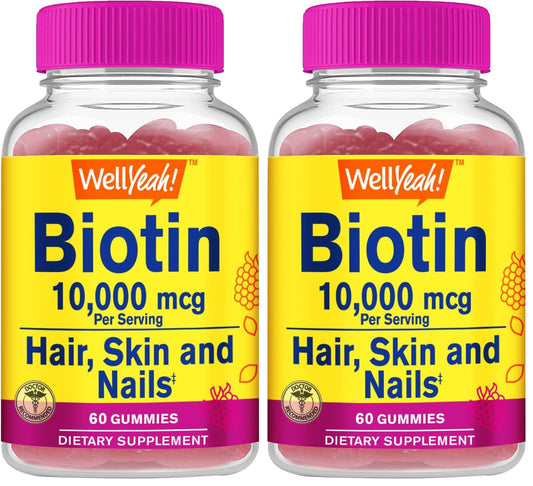 WellYeah Biotin 10,000 mcg Gummies – Stronger Hair, Skin & Nails (Berry) – Vegan, Gluten-Free, Non-GMO – 60 Gummies (Pack of 2)