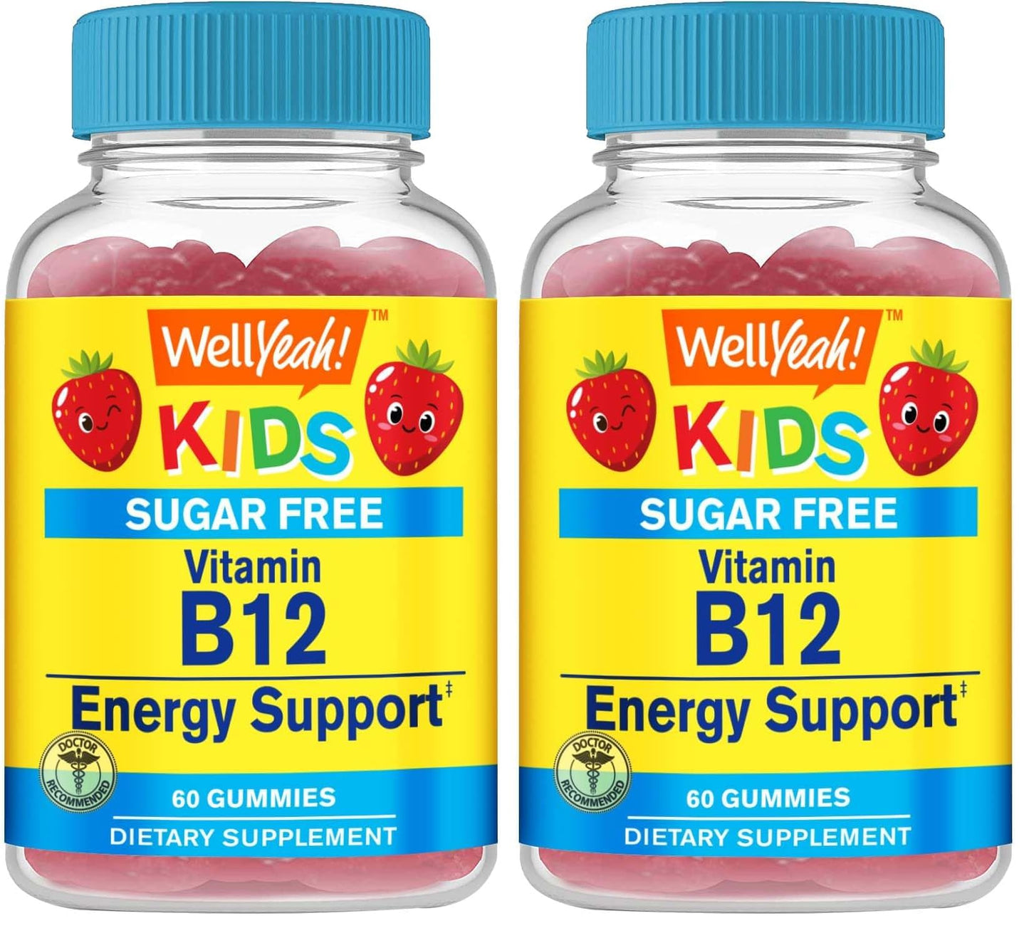 WellYeah Kid's Vitamin B12 1000mcg Gummies – Sugar Free, Strawberry Flavor, 60 Count (Pack of 2)