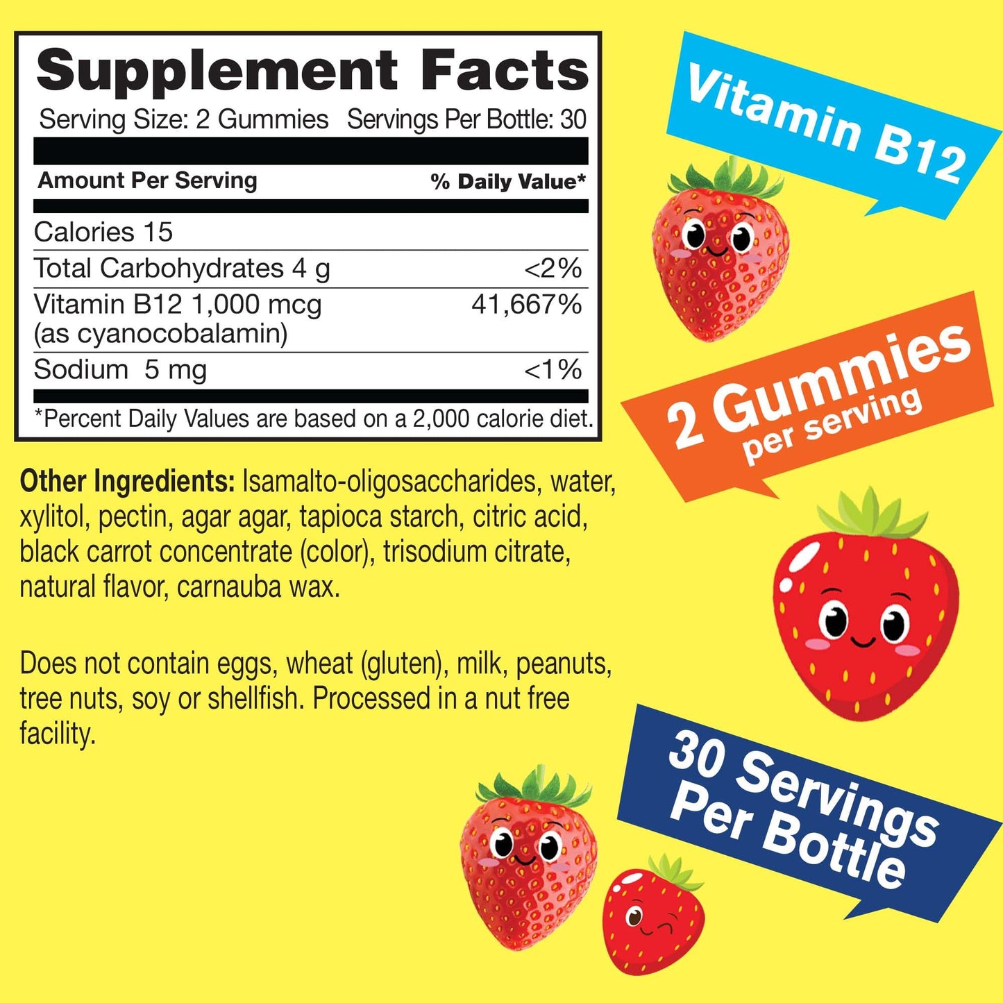 WellYeah Kid's Vitamin B12 1000mcg Gummies – Sugar Free, Strawberry Flavor, 60 Count (Pack of 2)