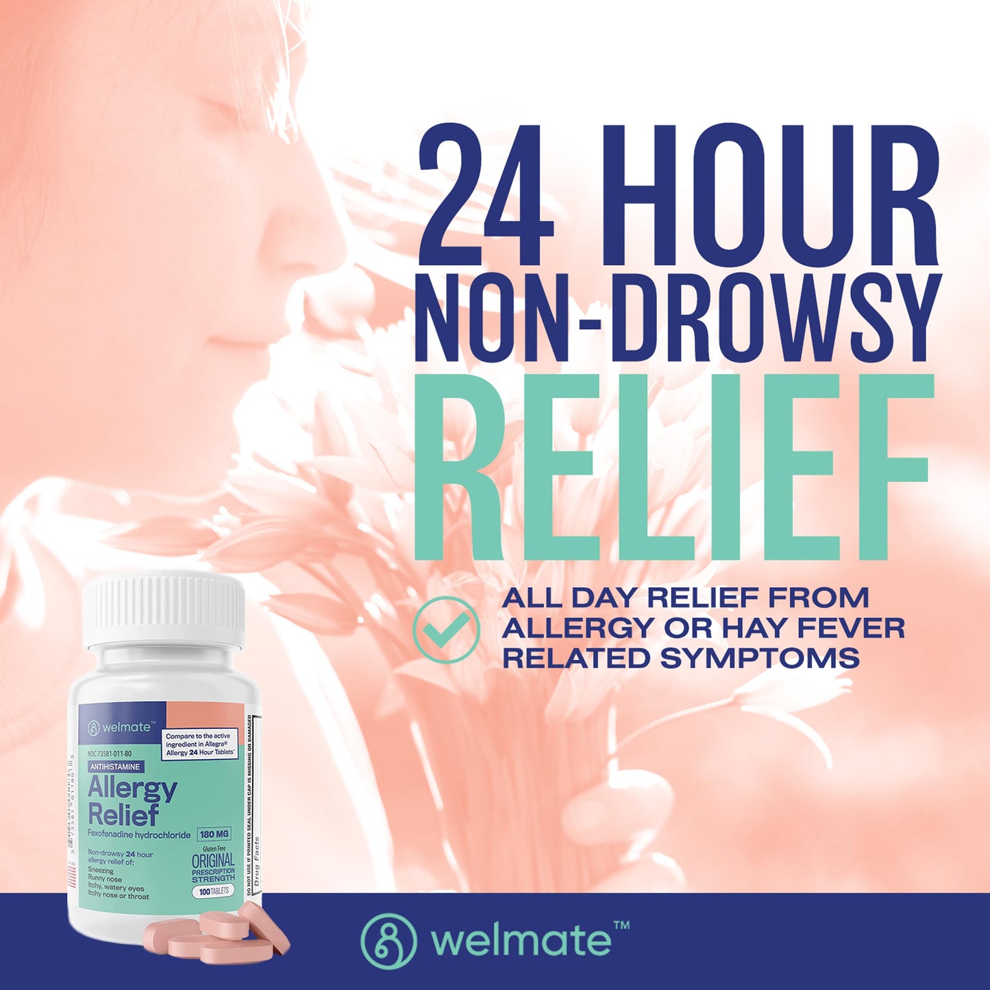 WELMATE Allergy Relief - Fexofenadine HCl 180 mg | 24 Hour Non-Drowsy Antihistamine | 100 Count