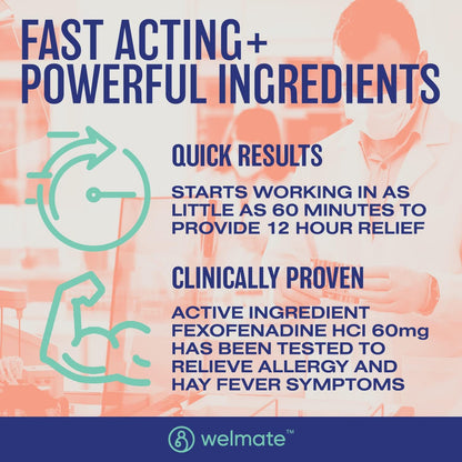 WELMATE Fexofenadine HCl 60mg – 60 Tablets | Non-Drowsy Allergy Relief 12 Hours Gluten Free OTC