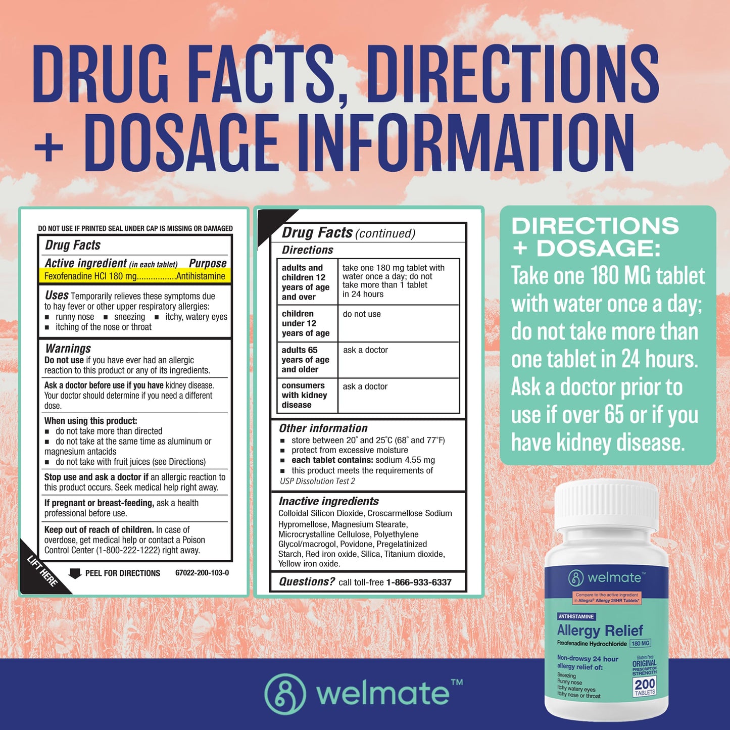 WELMATE Allergy Relief - Fexofenadine HCl 180 mg, Non-Drowsy, 200 Tablets