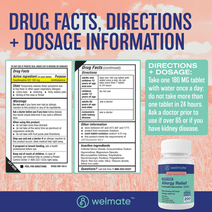 WELMATE Allergy Relief - Fexofenadine HCl 180 mg, Non-Drowsy, 200 Tablets