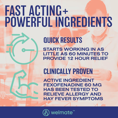 WELMATE Fexofenadine HCl 60mg – Non-Drowsy, 12-Hour Allergy Relief (200 Tablets)