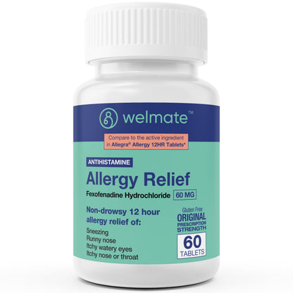 WELMATE Fexofenadine HCl 60mg – 60 Tablets | Non-Drowsy Allergy Relief 12 Hours Gluten Free OTC