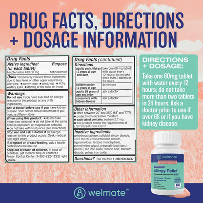 WELMATE Fexofenadine HCl 60mg – 60 Tablets | Non-Drowsy Allergy Relief 12 Hours Gluten Free OTC