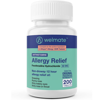 WELMATE Fexofenadine HCl 60mg – Non-Drowsy, 12-Hour Allergy Relief (200 Tablets)