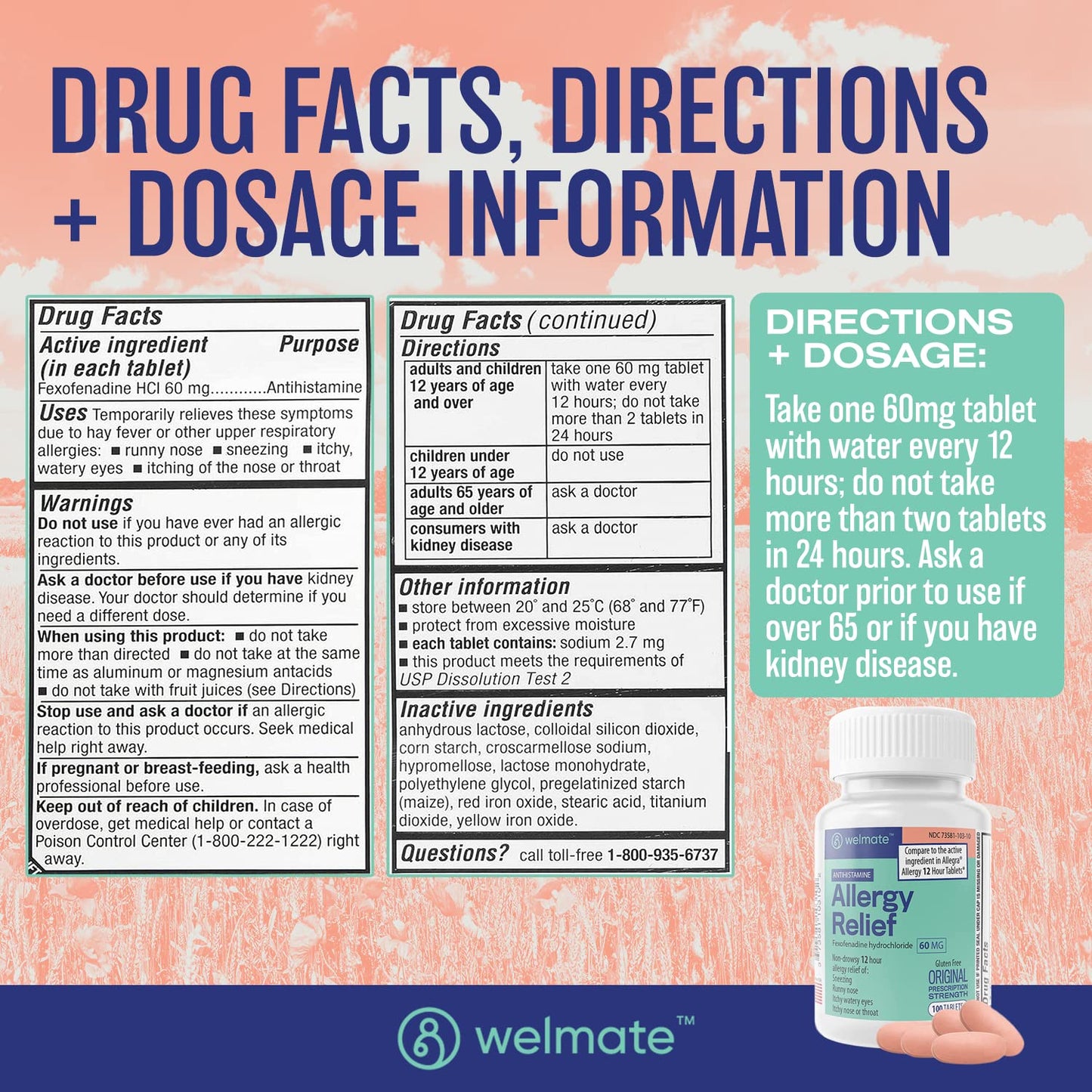 WELMATE Fexofenadine Hydrochloride 60mg (100 Tablets) | Non-Drowsy 12-Hour Allergy Relief